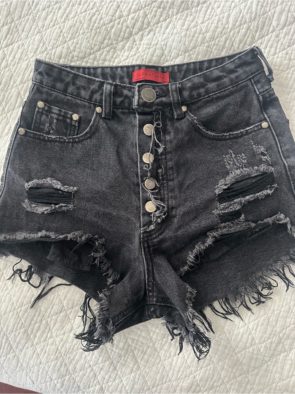 Signature8 Black Distressed Button-Fly Denim Shorts